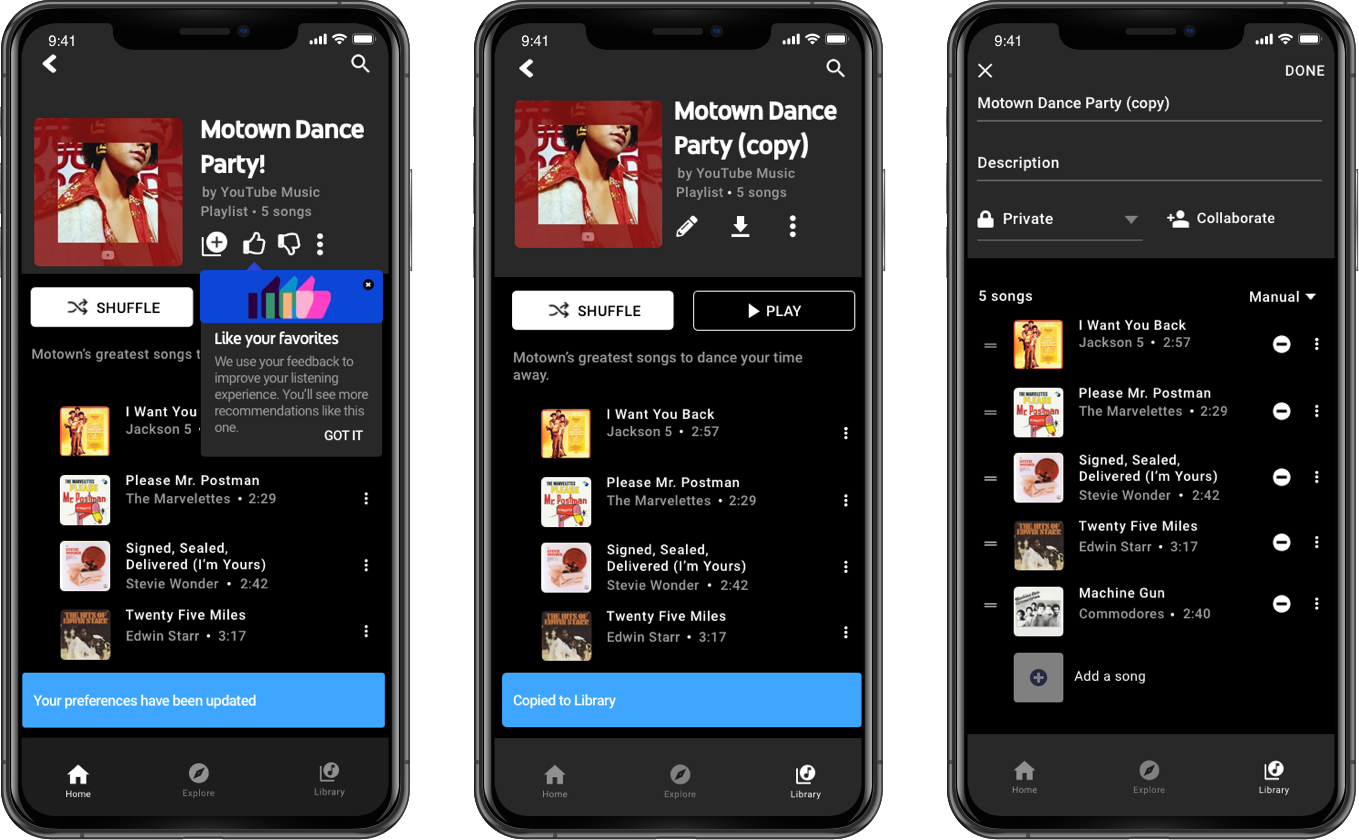 three app mockups of YouTube Music