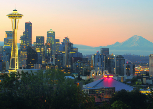 Seattle, WA Skyline with Space Needle and Mount Rainier