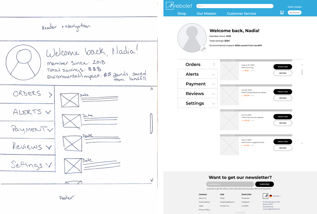 Account page sketch next to digital wireframe of account page