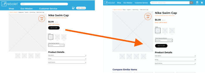 Wireframe illutrations showing before and after iteration of Add to Cart button placement