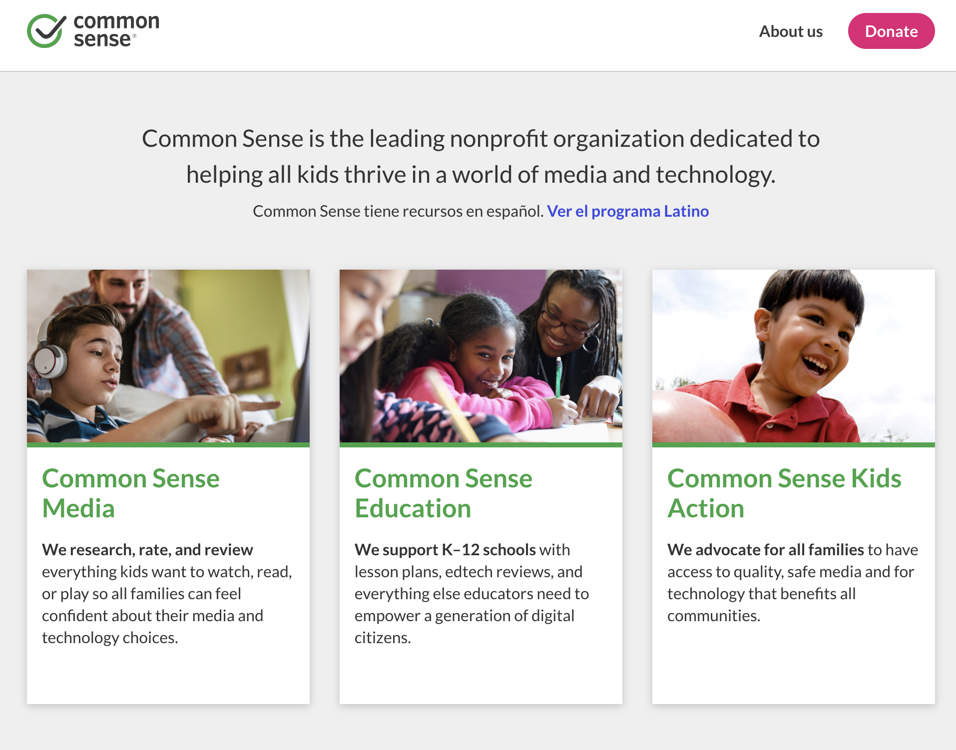 screenshot of Common Sense's homepage with three primary filters